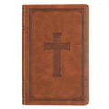 KJV Holy Bible, Standard Size Faux Leather Red Letter Edition Thumb Index, Ribbon Marker, King James Version, Honey Brown Cross Emblem - Leather